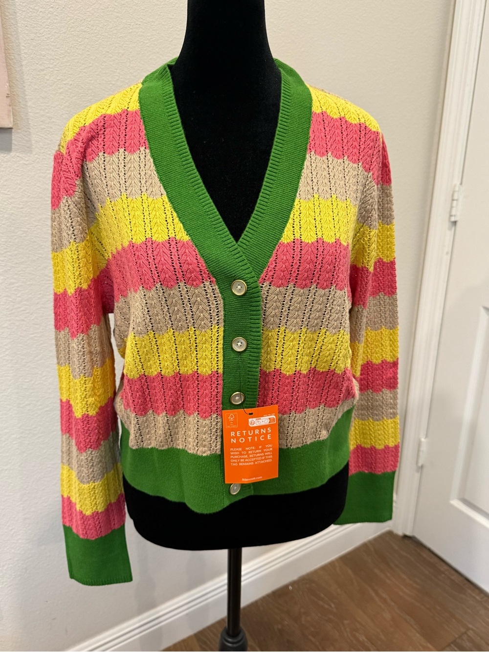 LK Bennett CD Cinzia Pink, Yellow, Green & Beige Striped V‑Neck Cardigan